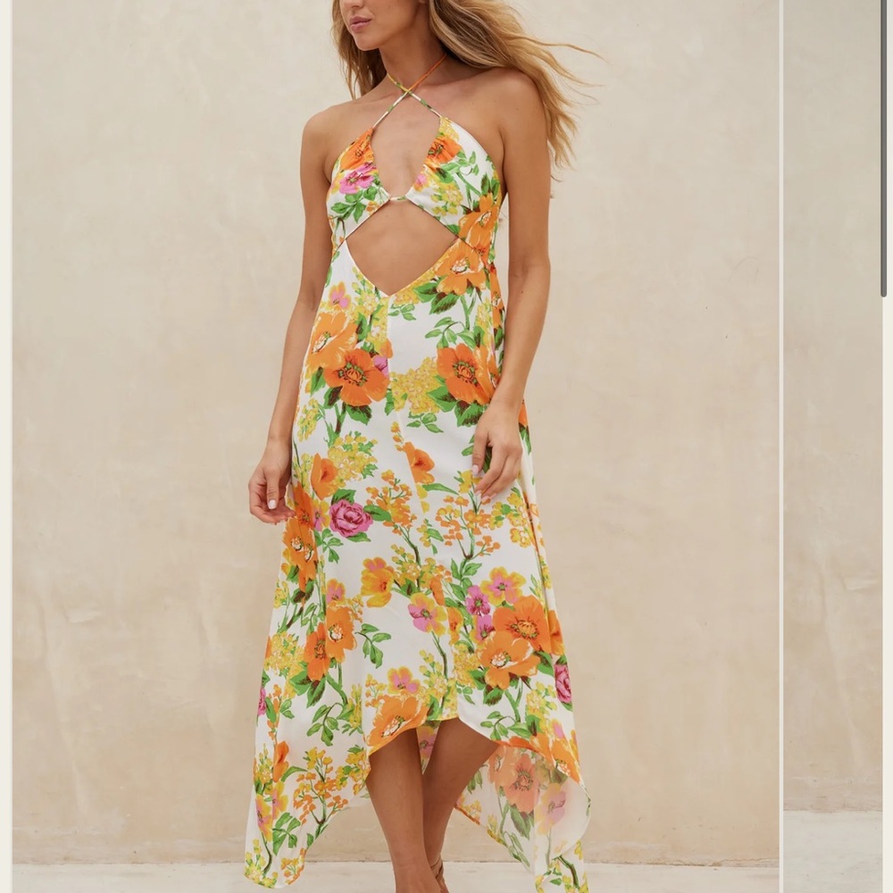 the Aquari- Asta dress in retro floral  Orange and Pink Accents